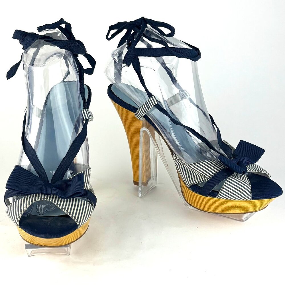 Zinc Navy Stripe Bow Platform Sandals, Size 9M.  Never worn